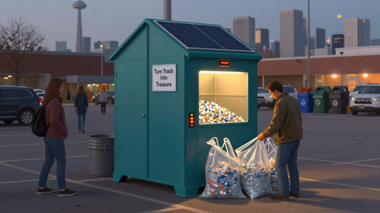 Modular plastic recycling unit in a grocery parking lot turning waste into pellets
