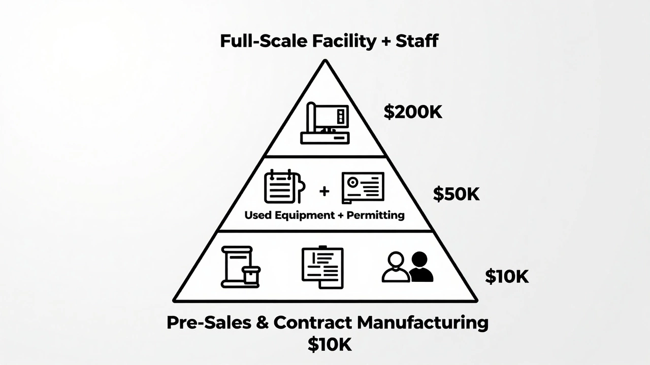 Pyramid diagram showing escalating startup costs from K to 0K for small-scale manufacturing.
