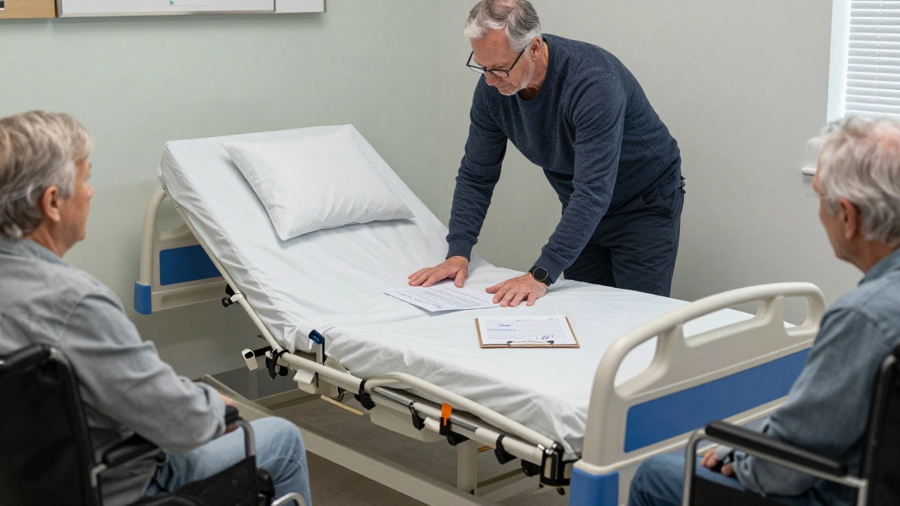 A Medicare-approved supplier delivering a hospital-style adjustable bed to a senior's home.
