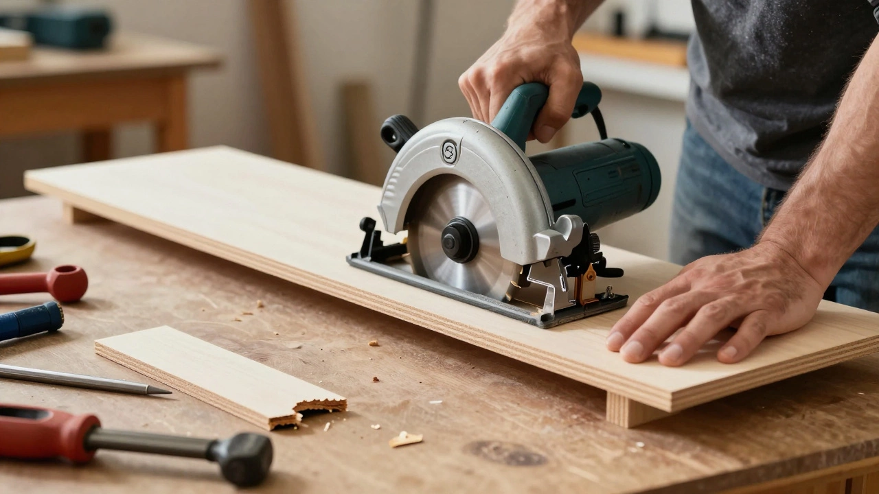 A person cutting MDF with a saw, clean edge visible, while rough plywood scraps lie beside it.