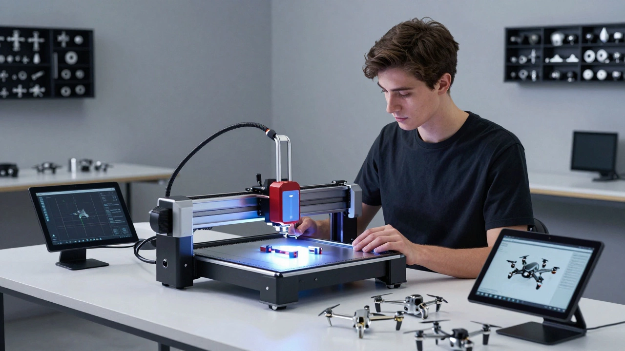 A person using a laser cutter and 3D printer to make custom drone parts