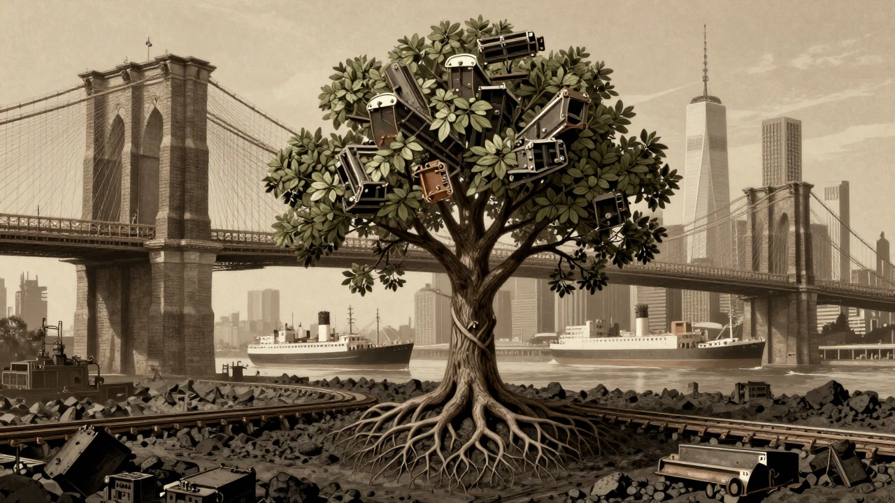A symbolic tree with roots and branches representing Carnegie's control over steel production from ore to infrastructure.