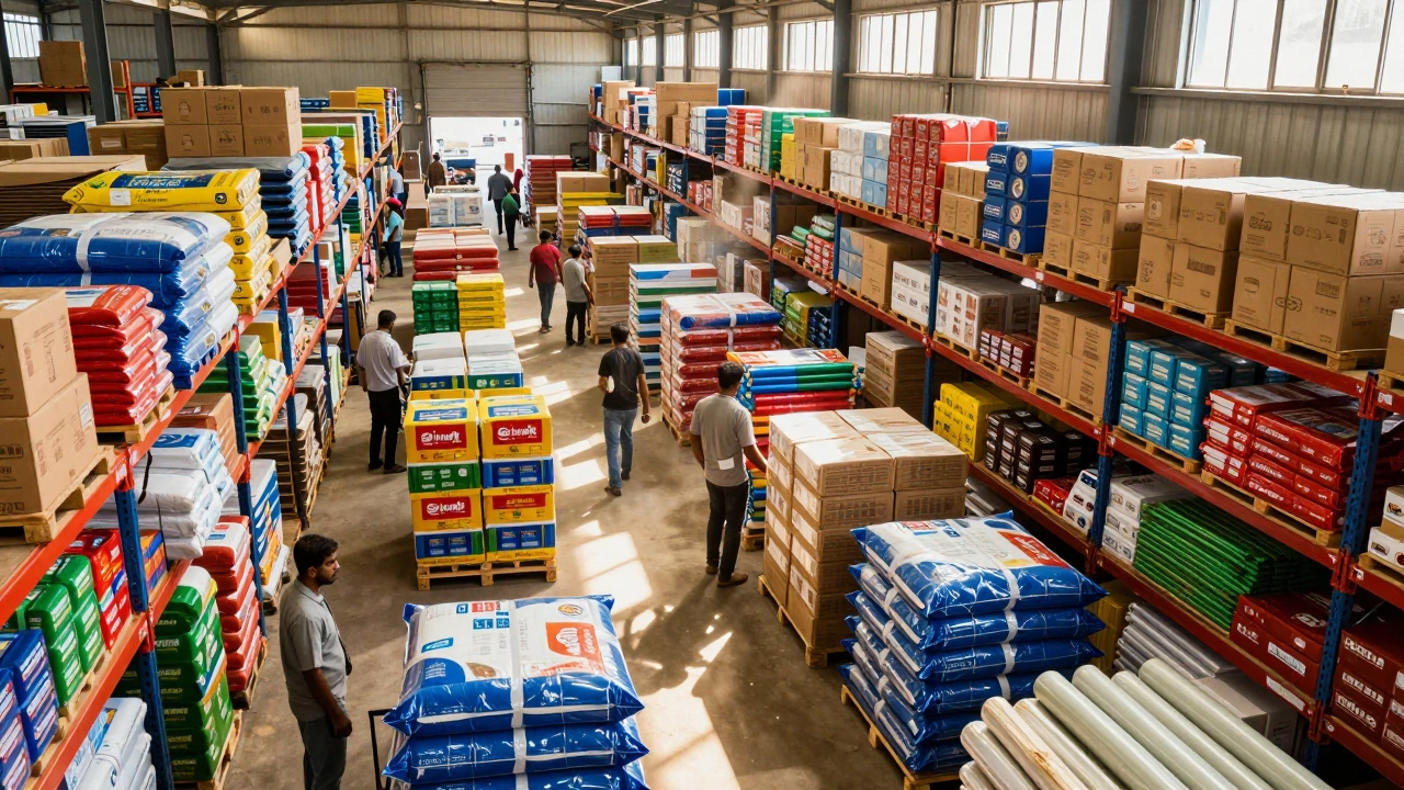 Busy warehouse stacks filled with packaged goods and workers in an emerging market.