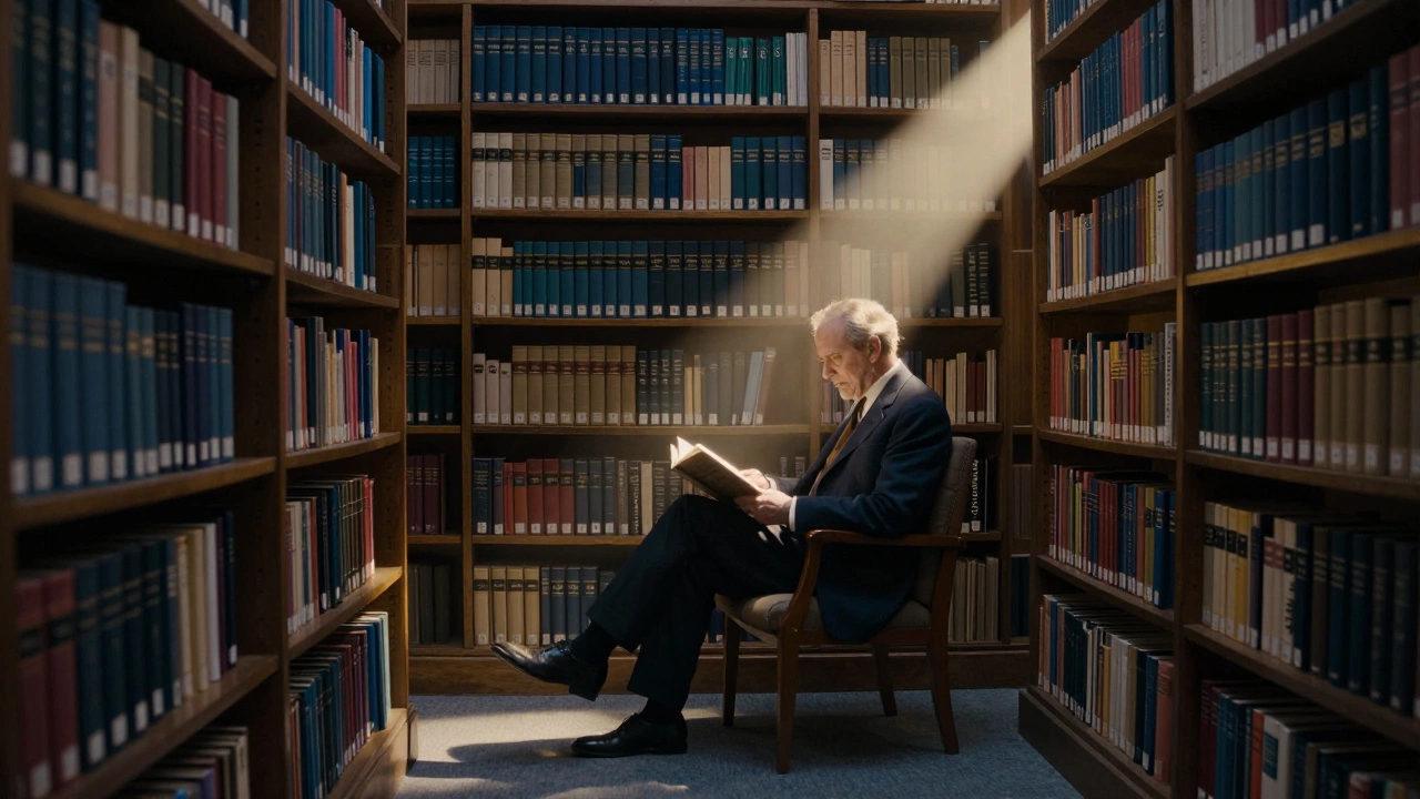Carnegie in a quiet library, surrounded by books on philanthropy, bathed in soft evening light.