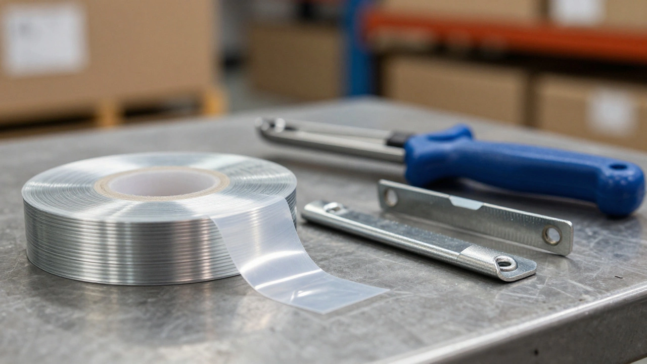 Close-up of steel and plastic banding rolls and tools