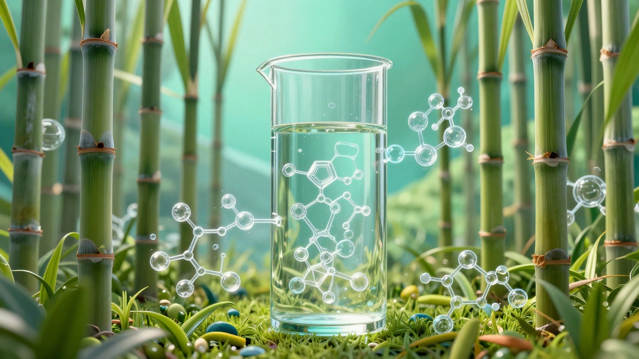 Conceptual art mixing green plants with molecular structures representing bioplastics.
