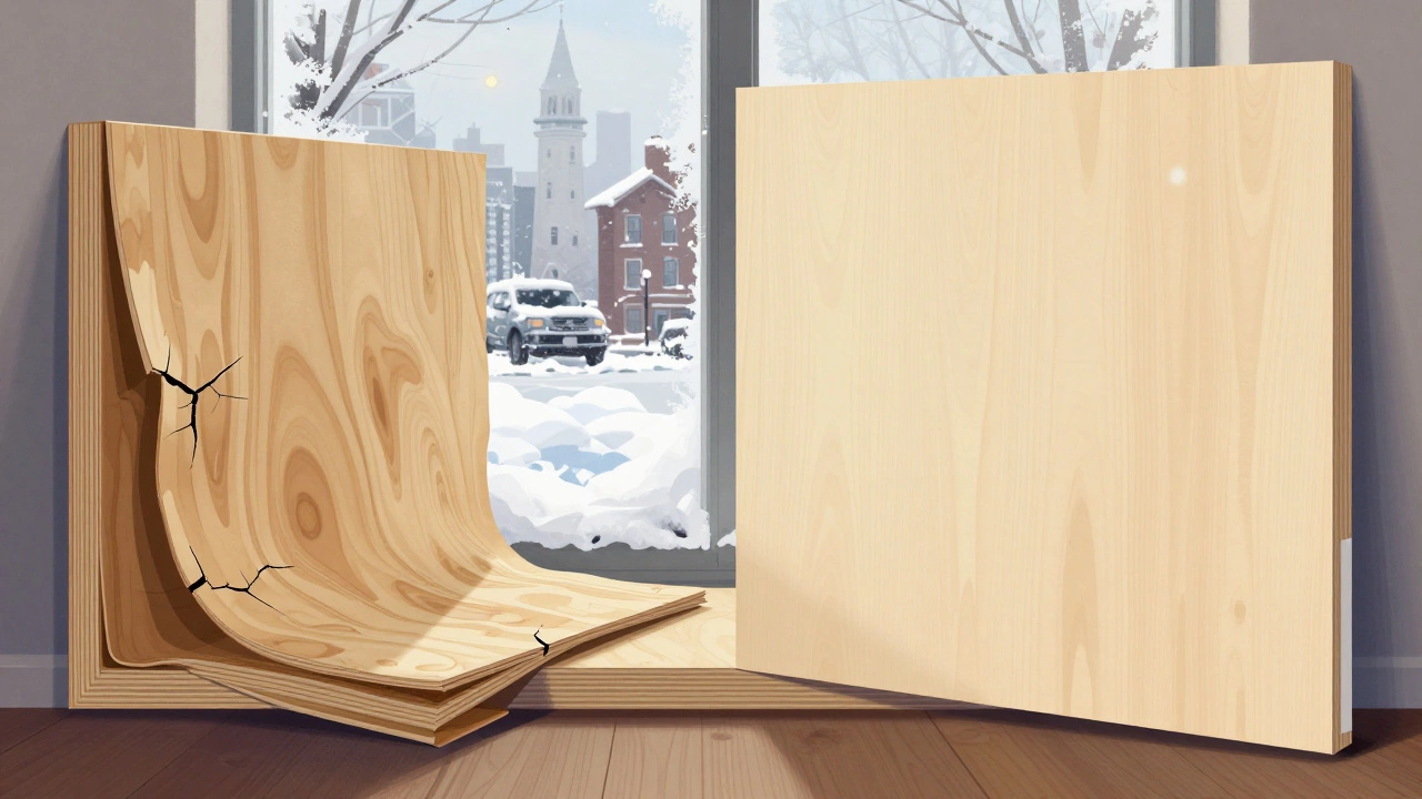 Cross-section comparison: warped plywood shelf versus flat, stable MDF shelf in a winter setting.