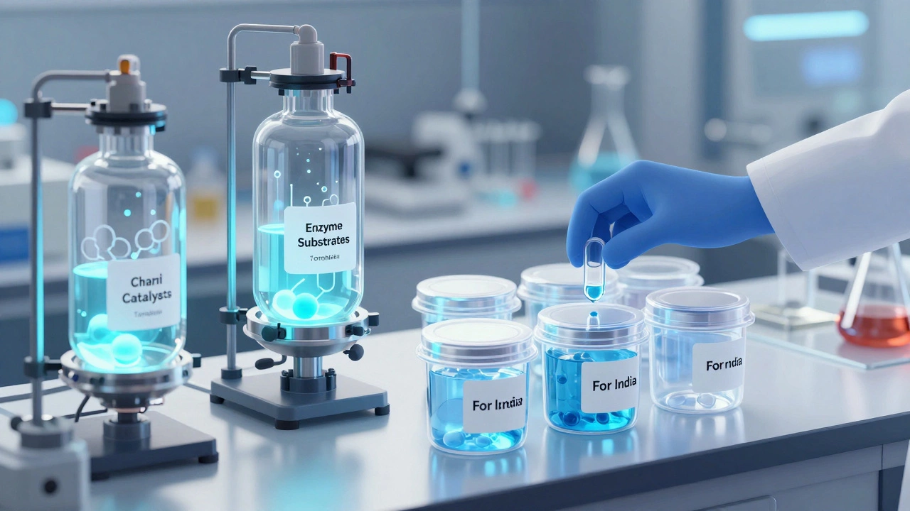 German laboratory with precision glass reactors containing high-purity organic compounds for pharmaceutical use.