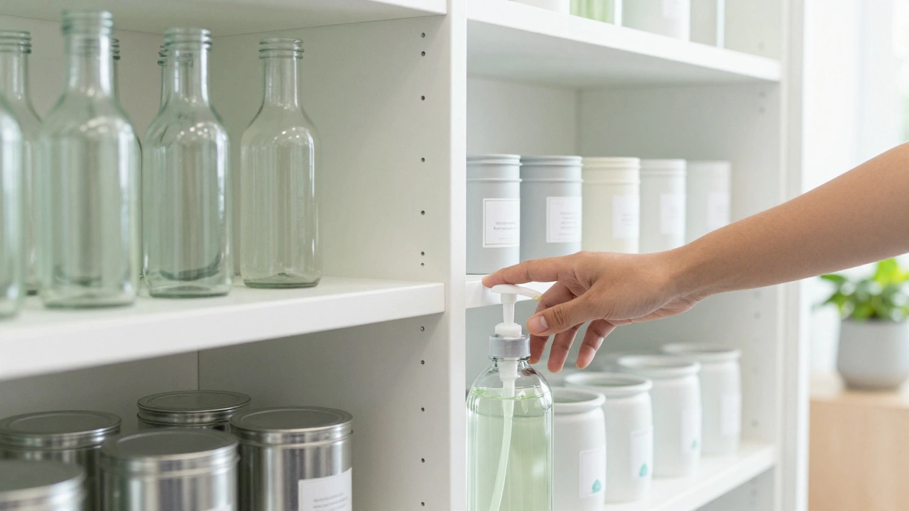 Glass and metal refill containers at a zero-waste station.