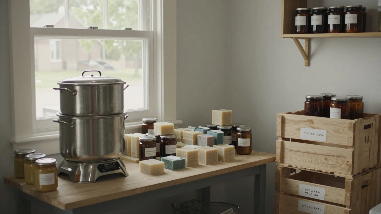 Hand-poured organic soap jars being prepared for sale in a home garage