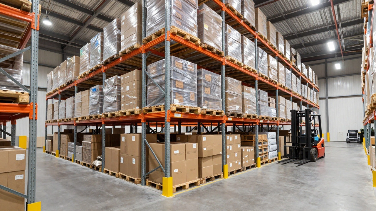 Organized warehouse aisle with stable pallets on racking