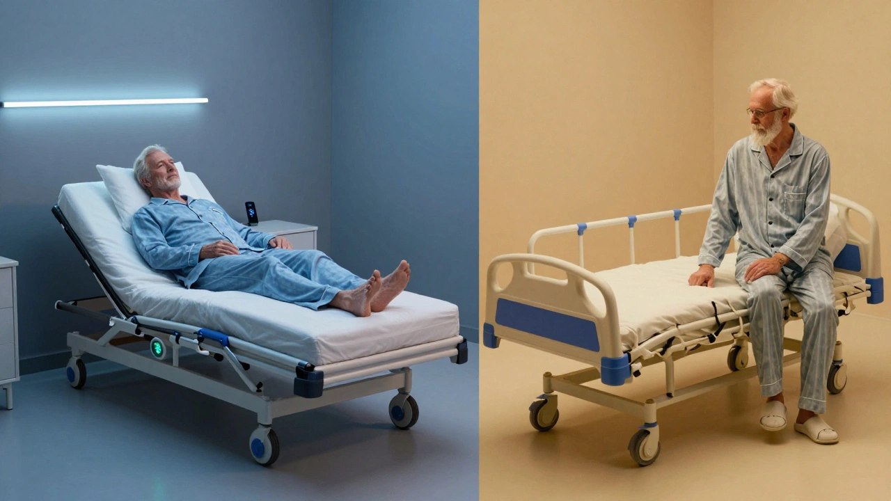 Side-by-side: medical adjustable bed versus luxury consumer bed, next to a senior comparing comfort and function.