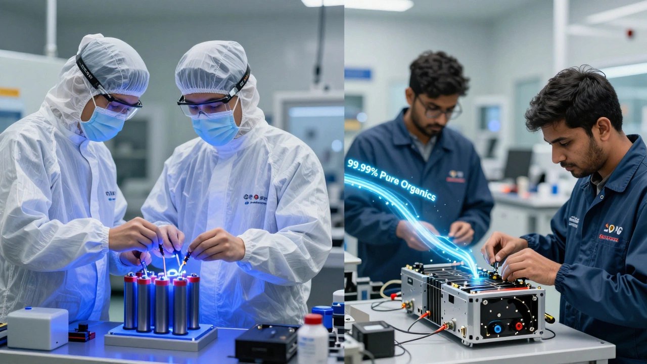 Split image showing South Korean cleanroom workers handling battery electrolytes connected to Indian EV assembly line.