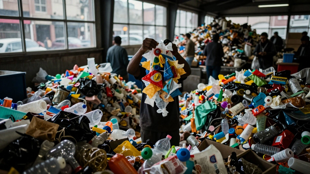 Worker sorting tangled unrecyclable plastic waste in a facility.