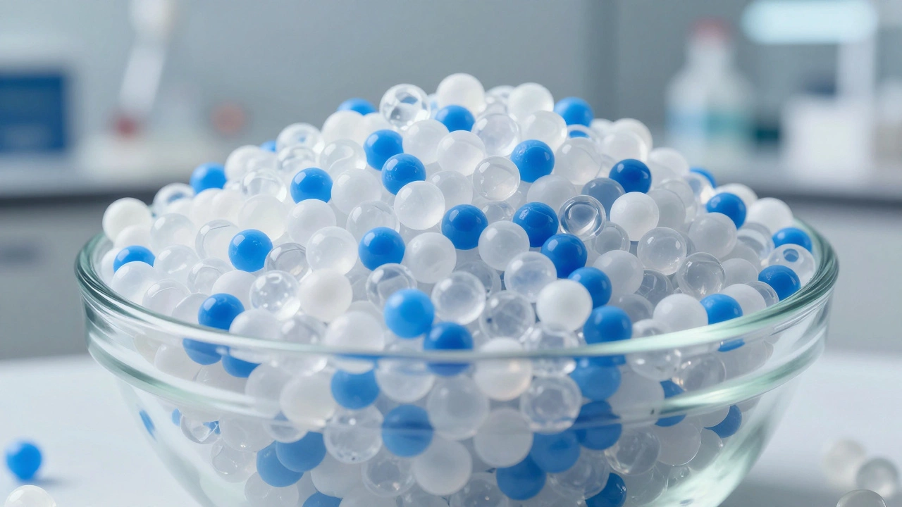 A close-up of colorful plastic resin pellets in a glass bowl against a lab background.