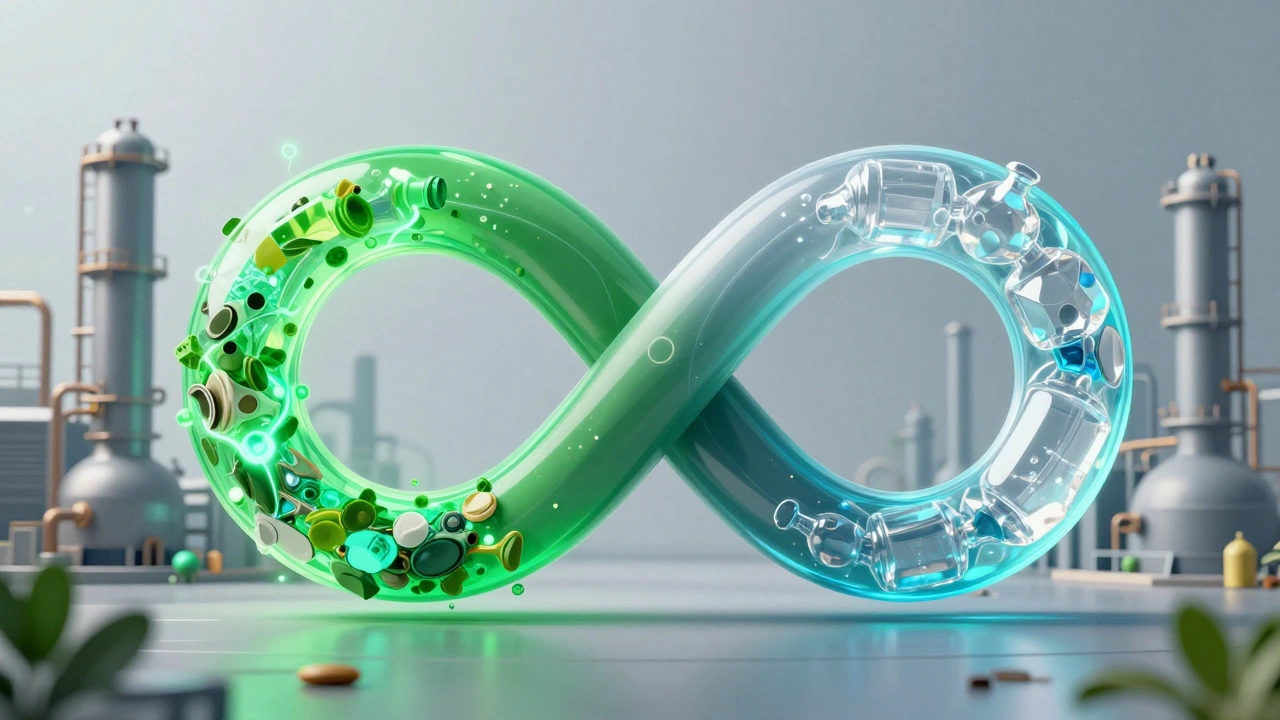 A conceptual illustration of a circular economy loop transforming plastic waste into new polymers.