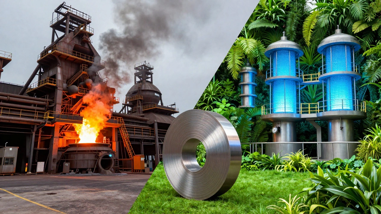 A conceptual image showing the transition from traditional coal steel to eco-friendly green steel.