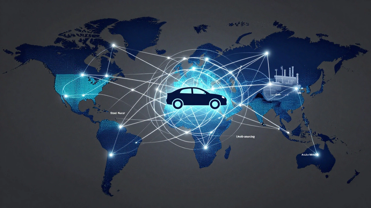 A holographic map showing a global network of steel supply chain connections.