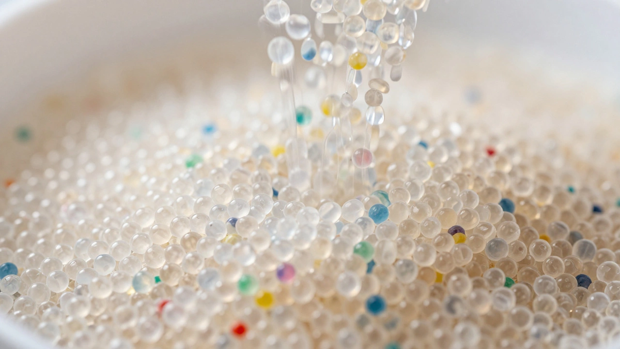 A macro view of colorful plastic nurdle pellets pouring into a pile.