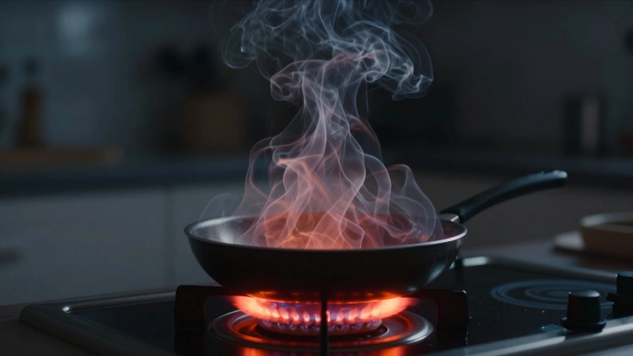 A pan on a red-hot stove burner releasing translucent polymer fumes into the air.