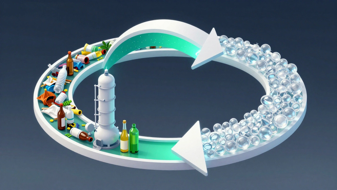 An illustration of a circular economy loop transforming plastic waste into raw materials.