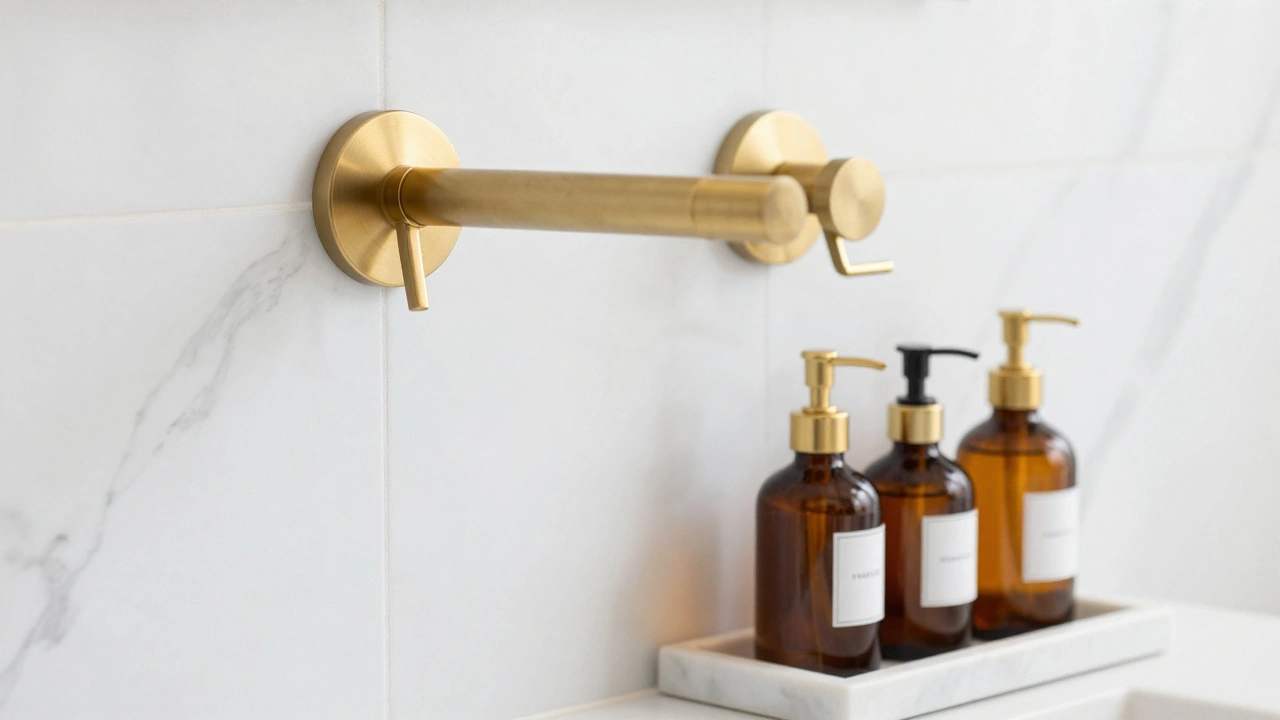 Brushed gold bathroom faucet and amber glass dispensers on a marble tray