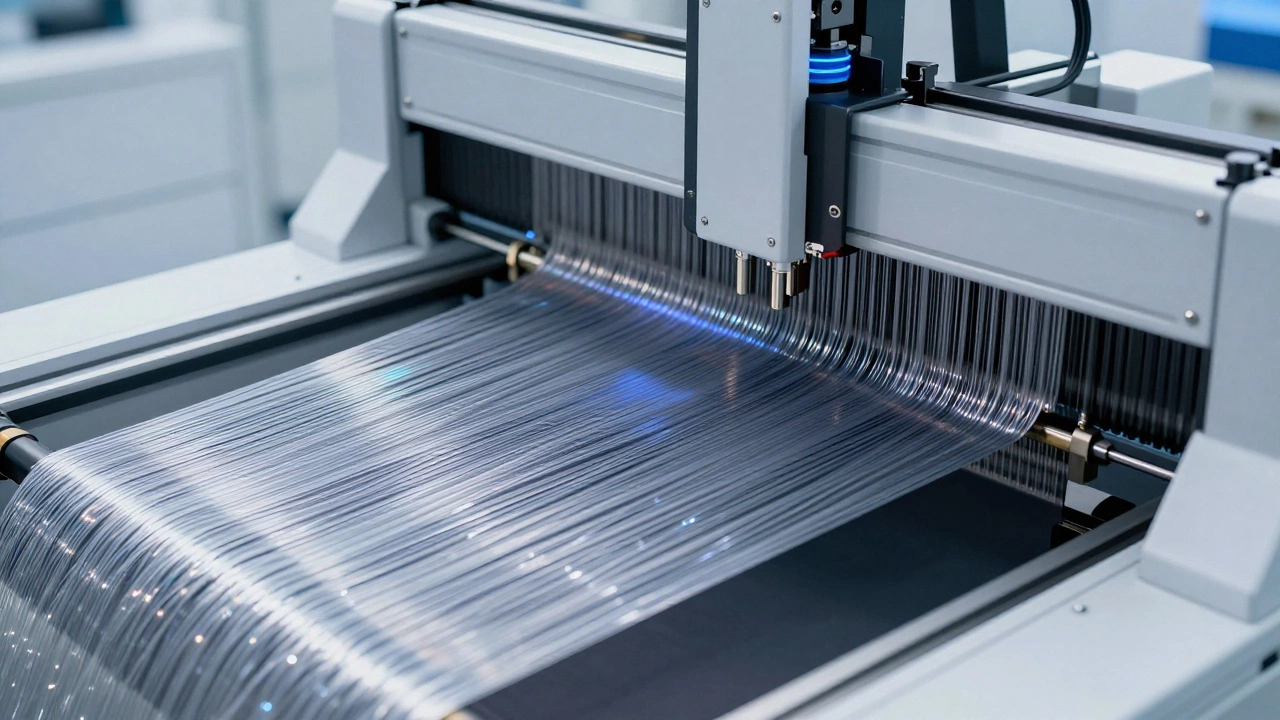 Close-up of a high-tech automated loom weaving smart performance textiles.