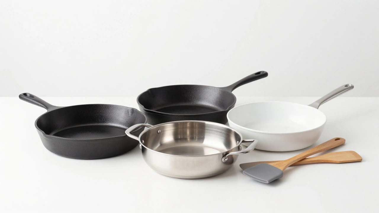 Collection of cast iron, stainless steel, and ceramic cookware with wooden utensils.