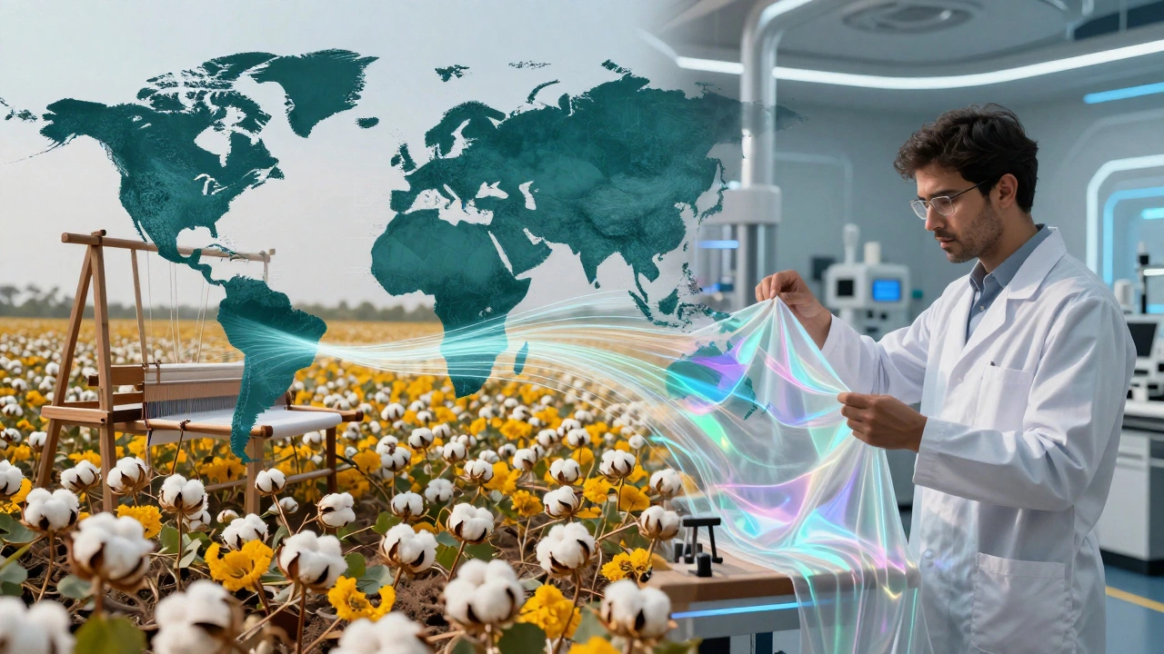 Conceptual image showing the link between Indian cotton production and US fabric engineering.