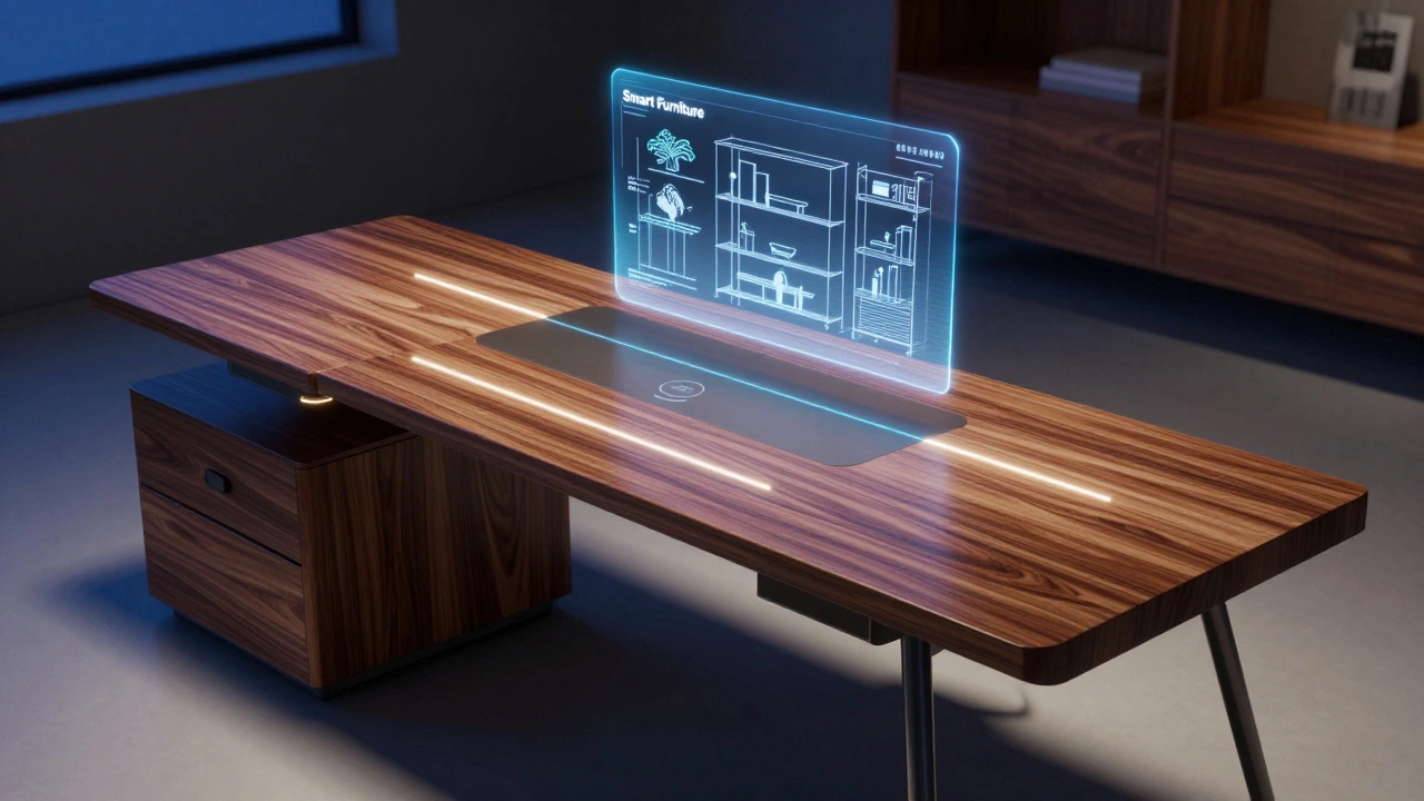 Futuristic smart office desk made of polished hardwood with integrated AI holographic design