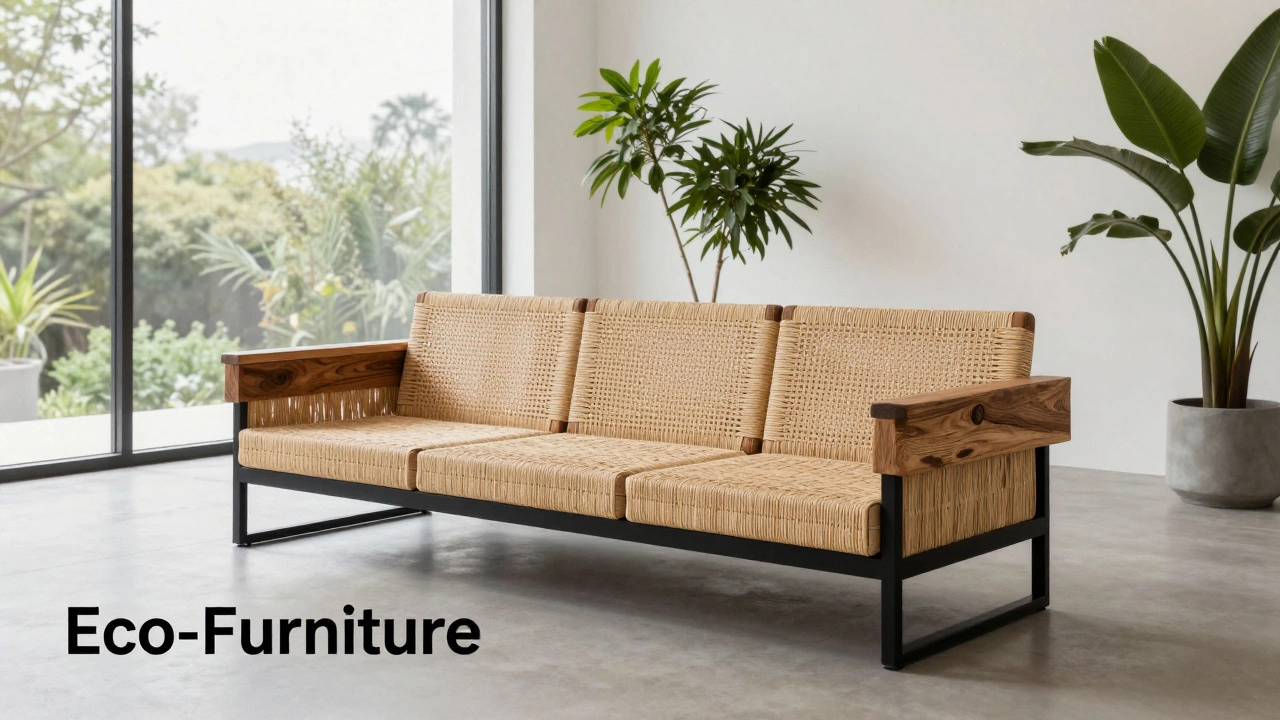 Modern sustainable living room featuring a hybrid rattan and reclaimed teak wood sofa