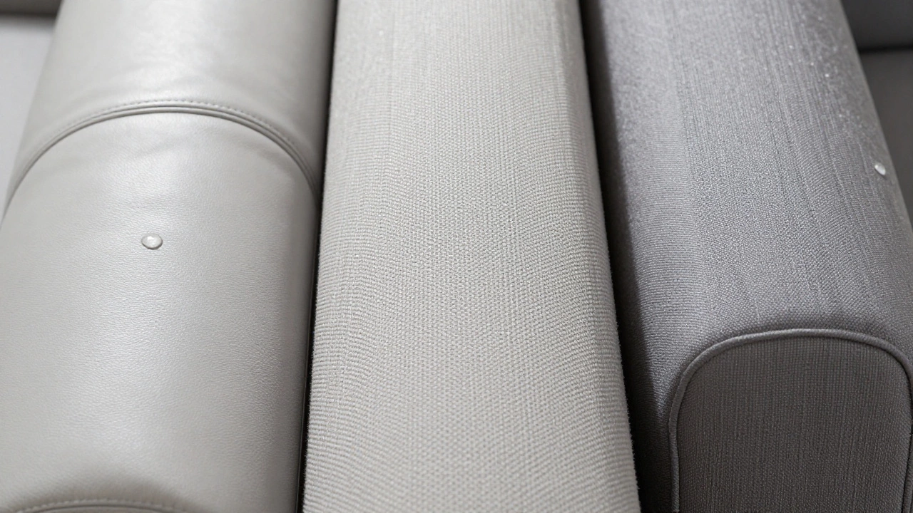 Close-up comparison of leather, microfiber, and performance fabric textures showing water repellency.