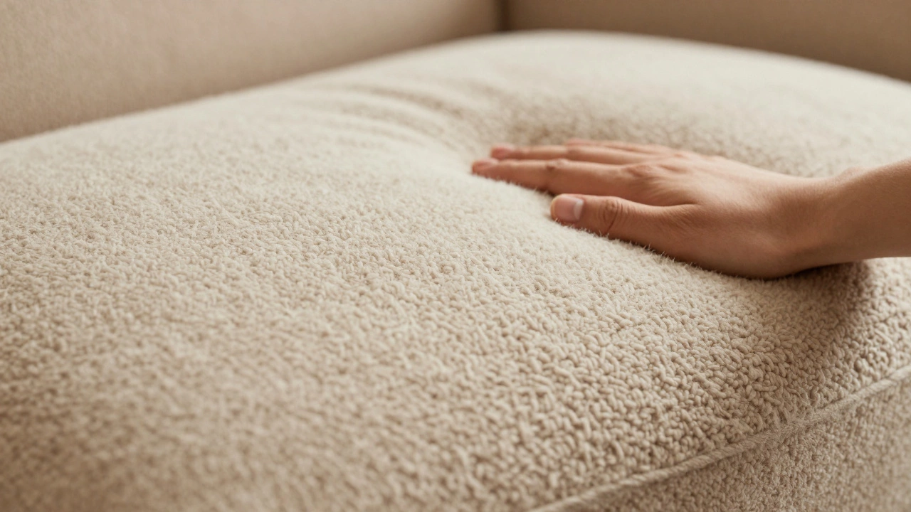 Close up of hand pressing into plush boucle cushion