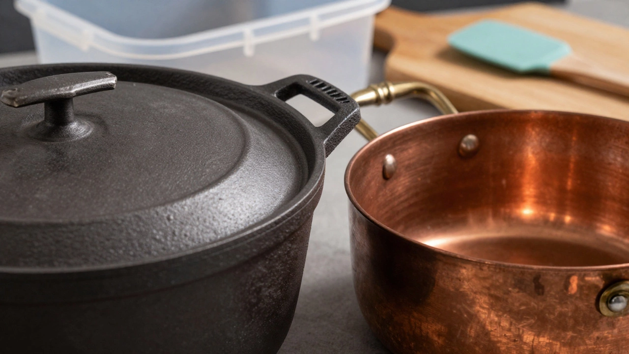 Close up of metal cookware next to plastic and wood tools