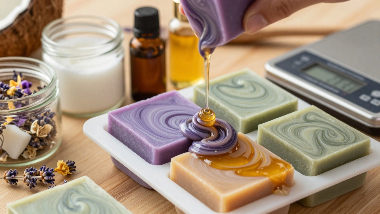 Colorful organic soaps being poured into molds with raw ingredients