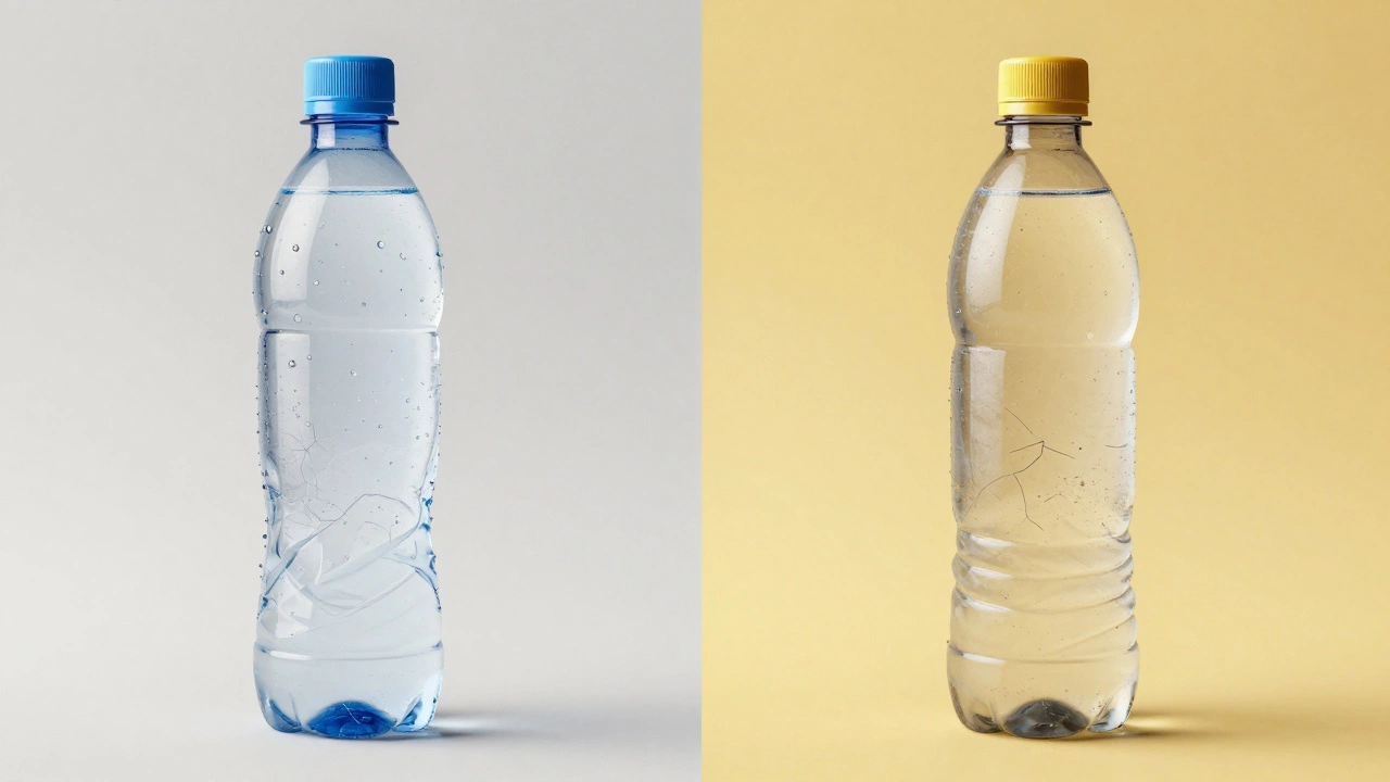 Comparison of new vs reused scratched PET water bottle