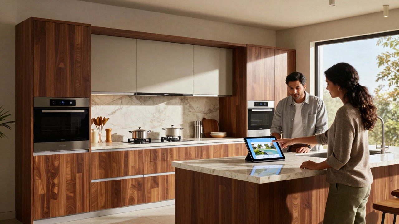Designer showing a luxury modular kitchen to homeowners in a bright showroom.