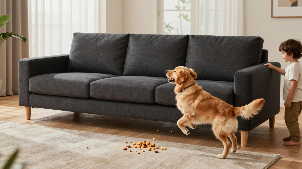 Dog playing near a dark, durable sofa in a messy but comfortable family living room.
