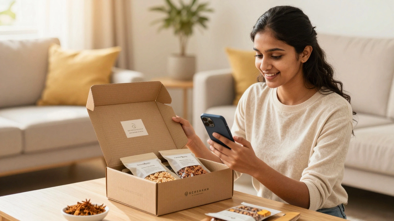 Entrepreneur unboxing custom packaged specialty food products