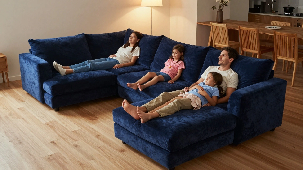 Family lounging on navy blue modular cloud sofa