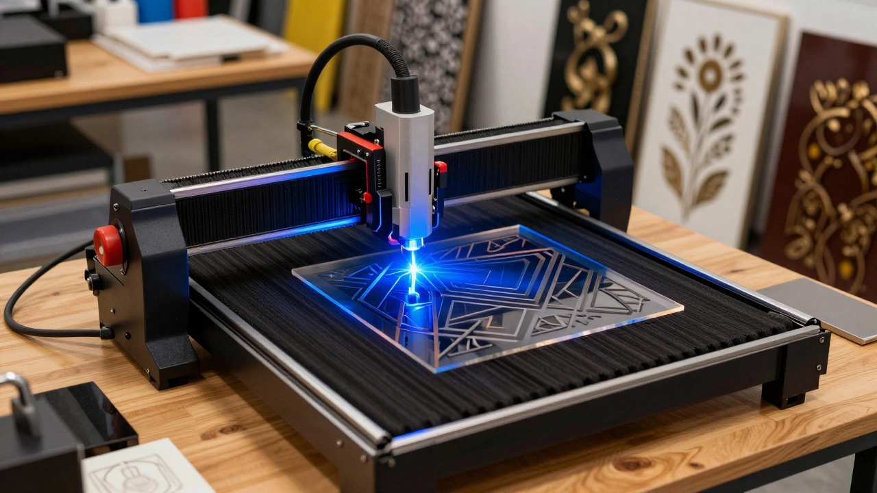 Fiber laser cutter slicing acrylic and metal sheets