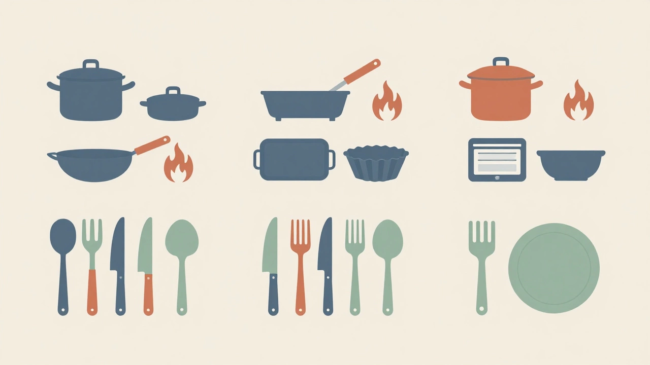 Flat lay graphic categorizing cookware, bakeware, and utensils