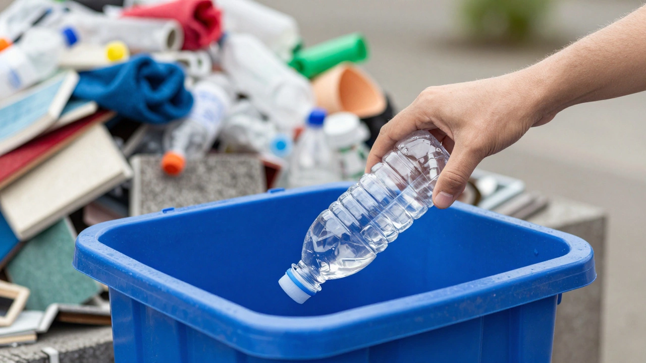 Hand placing empty PET bottle in recycling bin with upcycled goods