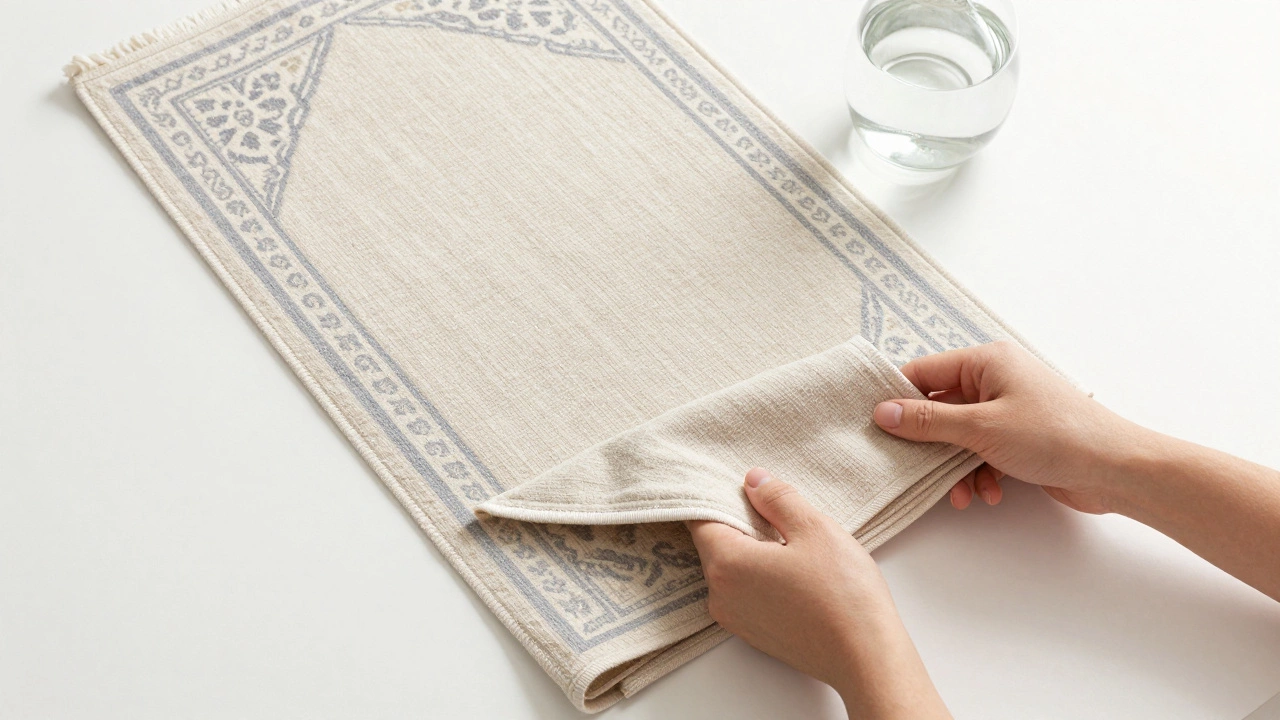 Hands folding a portable, minimalist cotton prayer rug next to a glass of water.