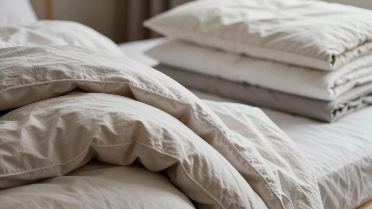 Pile of tangled sheets and comforter compared to simple duvet cover stack