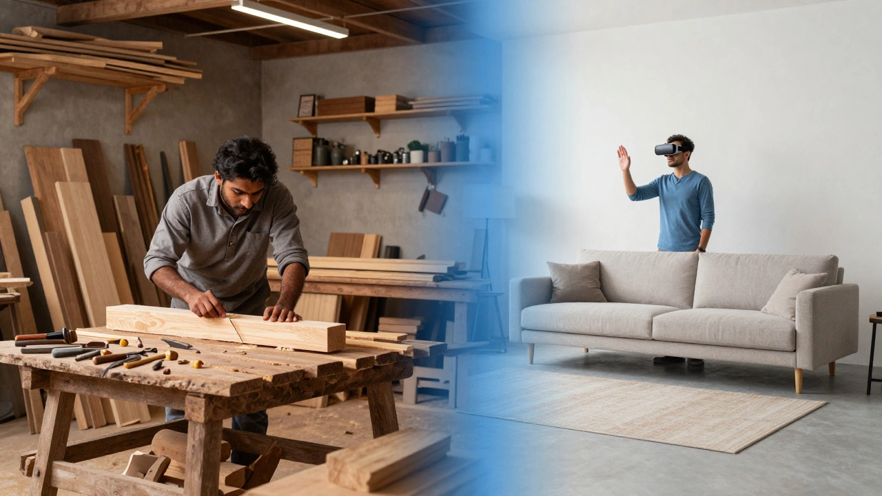 Split image contrasting a local carpenter workshop with AR-enhanced shopping.