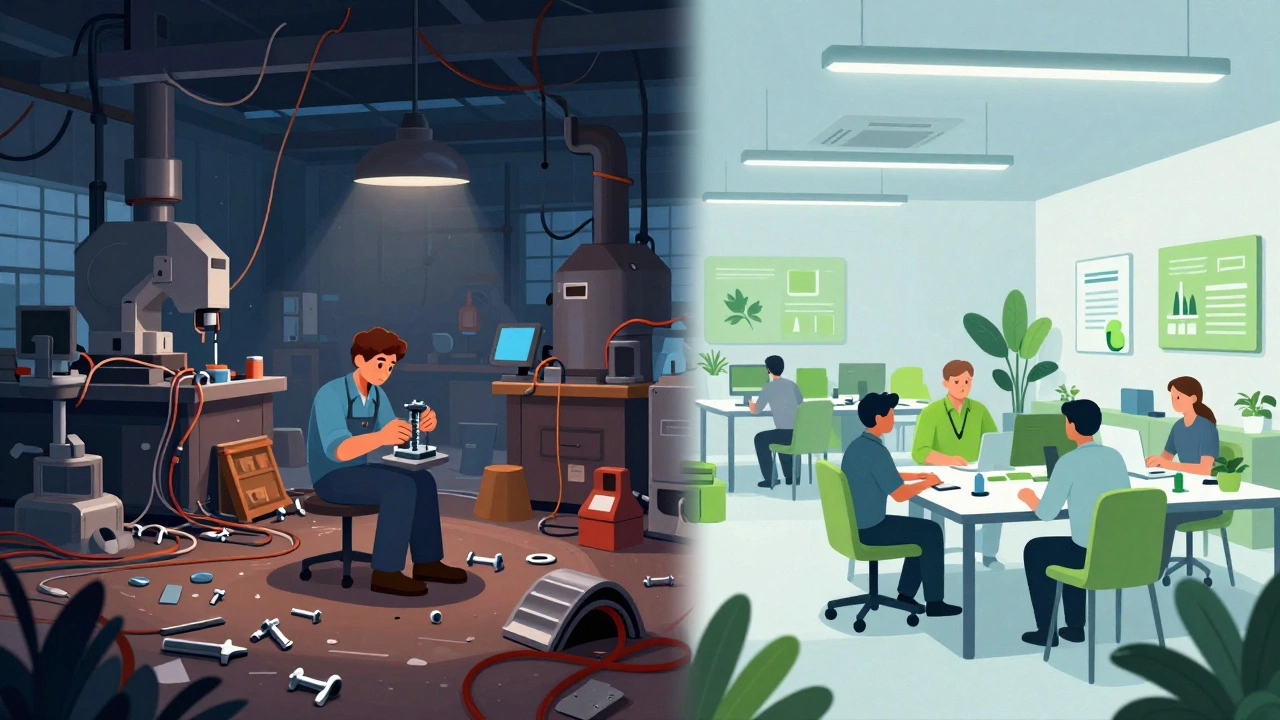 Split view contrasting chaotic wasteful factory with efficient lean space