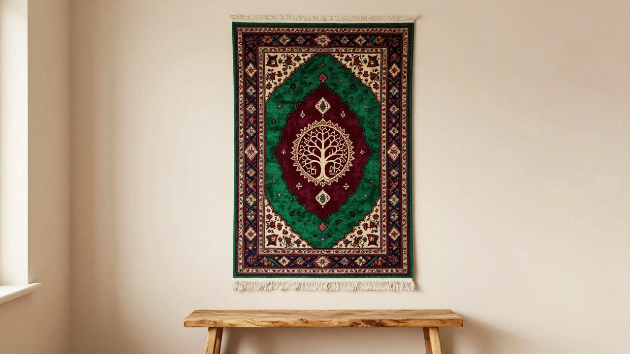 Vintage prayer rug with Tree of Life design hung as wall art in a cozy living room.