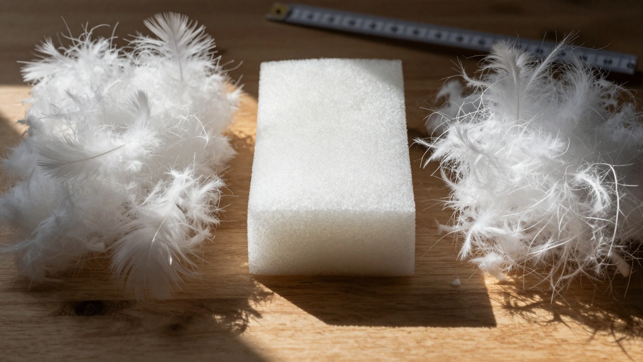 Artistic display of down, foam, and fiberfill cushion materials