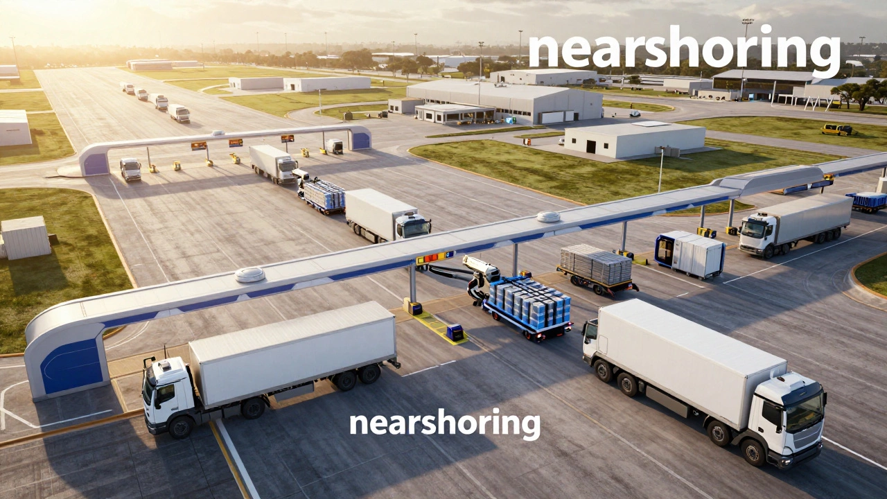 Automated trucks moving goods at a modernized US-Mexico border